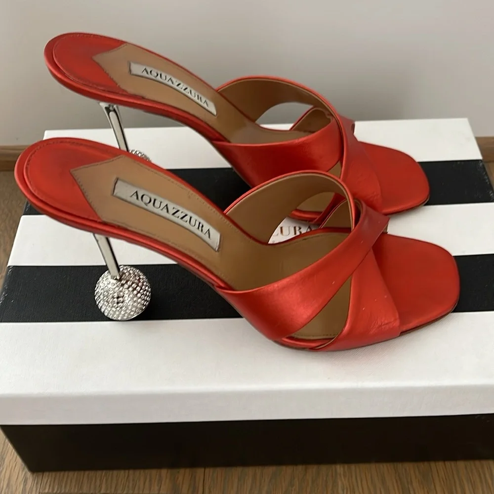 Aquazzura Red-Orange Satin Crystal Ball Heel Slide Sandals size 9.5 - Picture 4 of 7